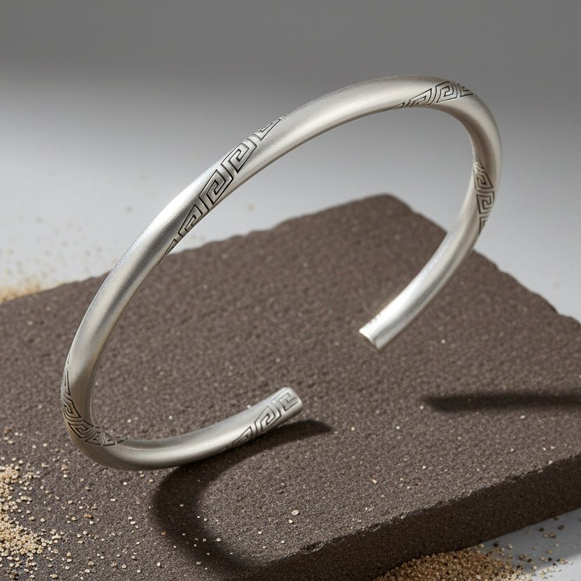 925 Silver Greek Key Engraved Open Cuff Bangle - Zirak Silver