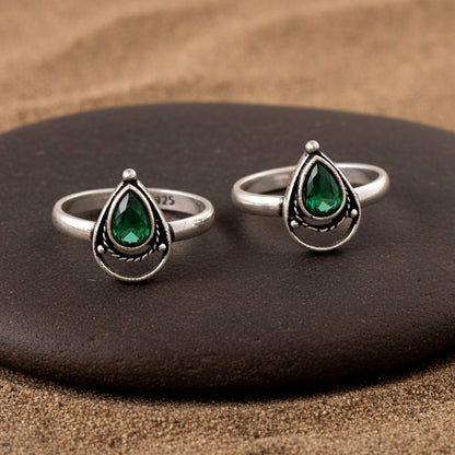925 Silver Green Teardrop Toe Ring – Adjustable Tribal Design - Zirak Silver