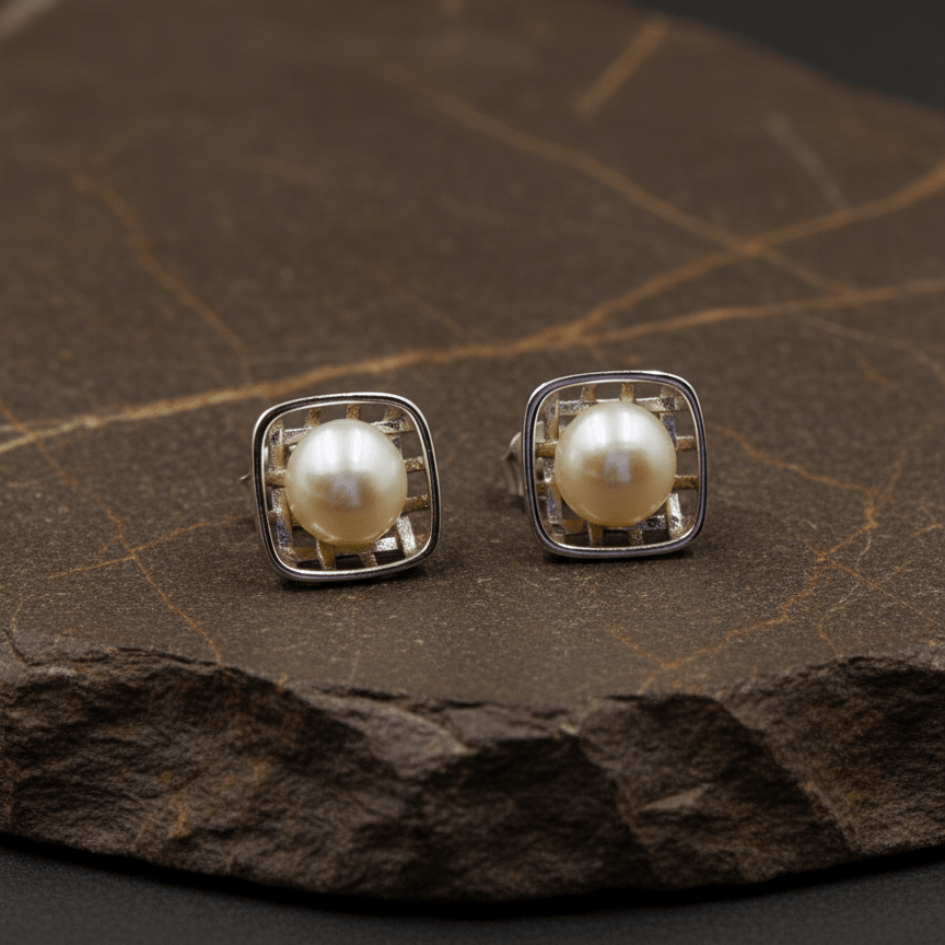 925 Silver Grid Pearl Stud Earrings - Zirak Silver