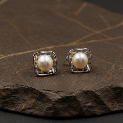 925 Silver Grid Pearl Stud Earrings - Zirak Silver