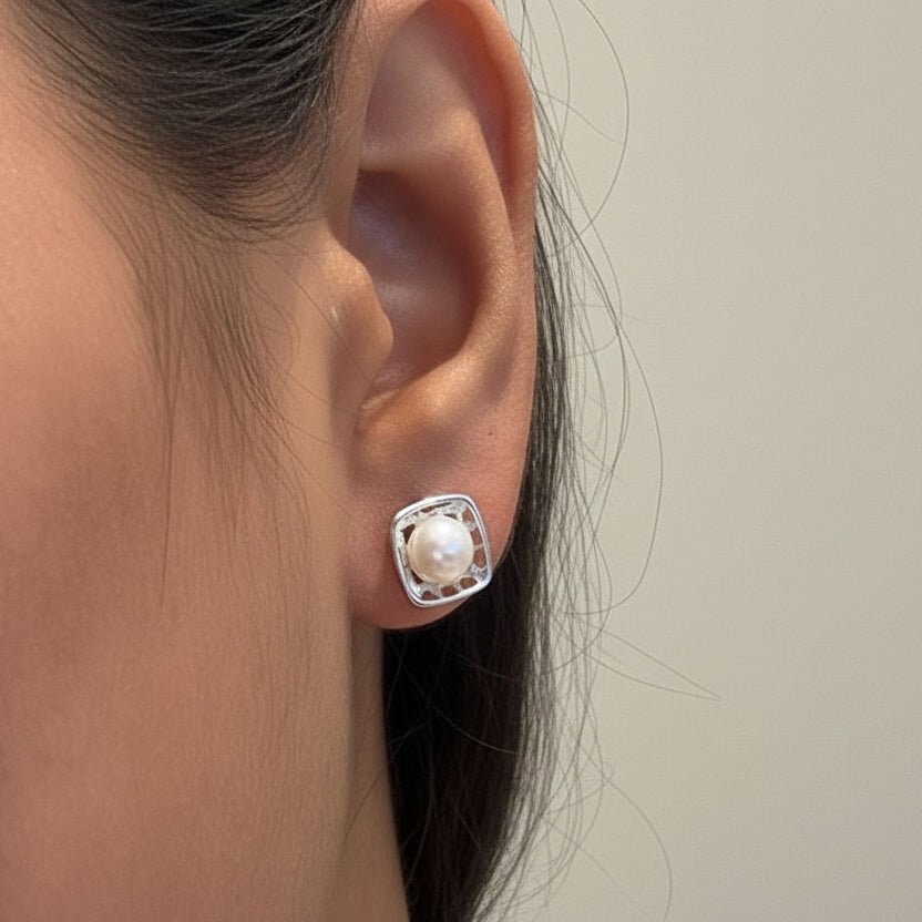 925 Silver Grid Pearl Stud Earrings - Zirak Silver