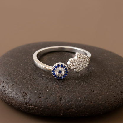 925 Silver Hamsa Evil Eye Ring | Sterling Silver Protection Adjustable Ring for Women - Zirak Silver