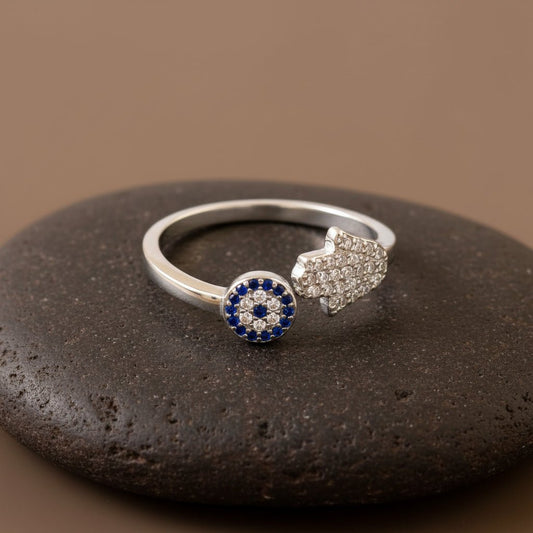 925 Silver Hamsa Evil Eye Ring | Sterling Silver Protection Adjustable Ring for Women - Zirak Silver