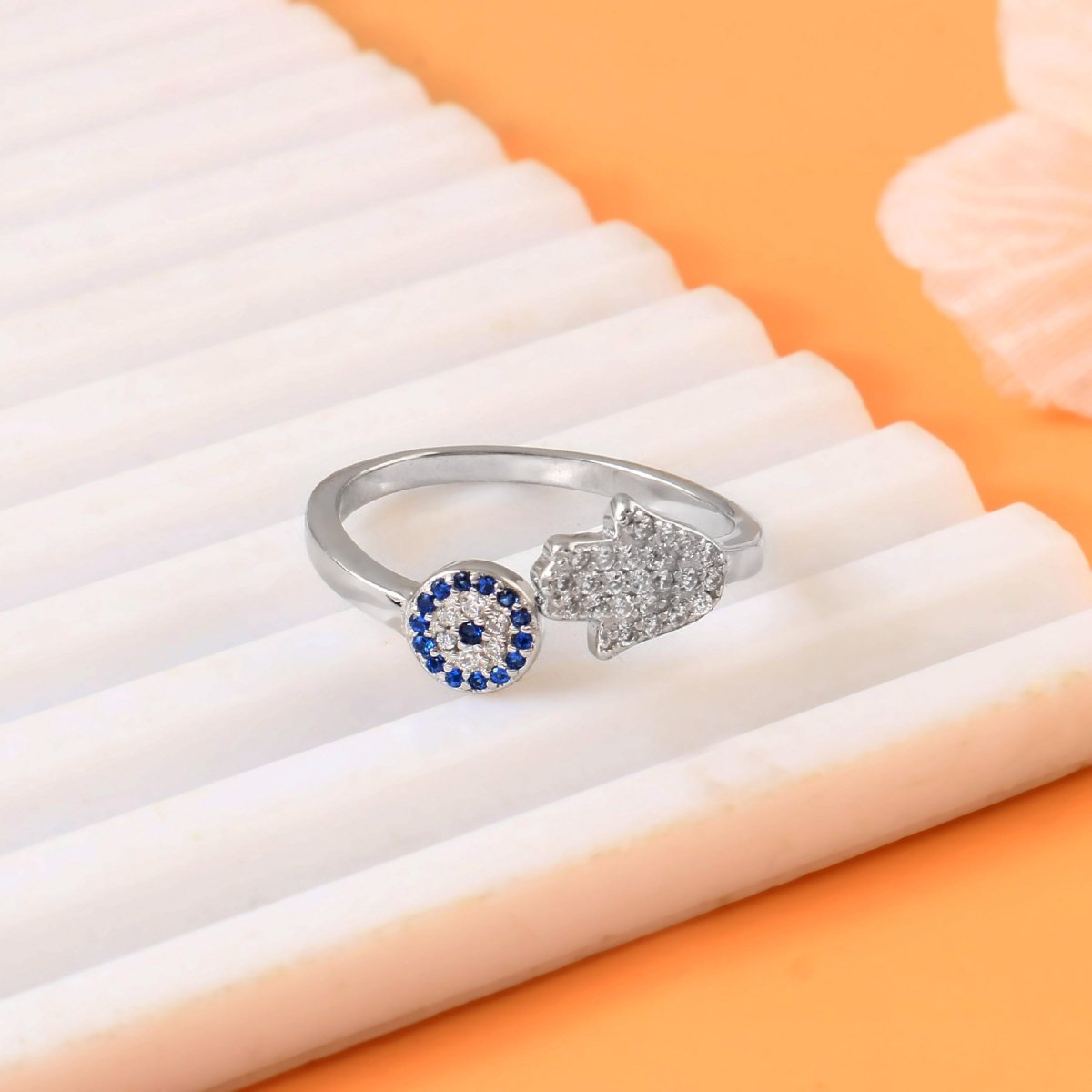 925 Silver Hamsa Evil Eye Ring | Sterling Silver Protection Adjustable Ring for Women - Zirak Silver