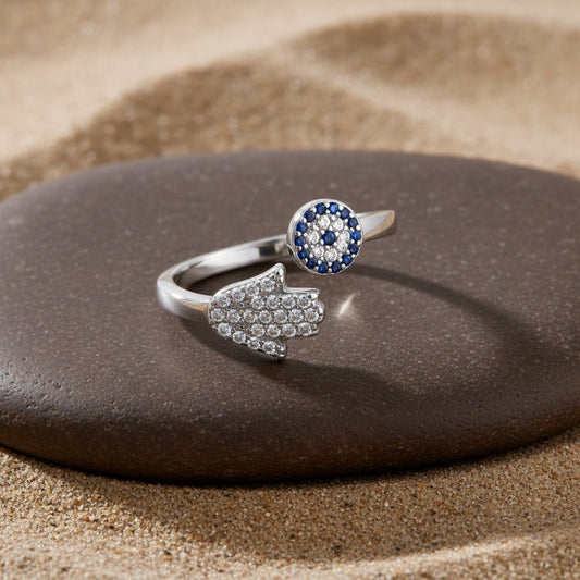 925 Silver Hamsa Evil Eye Ring | Sterling Silver Protection Adjustable Ring for Women - Zirak Silver