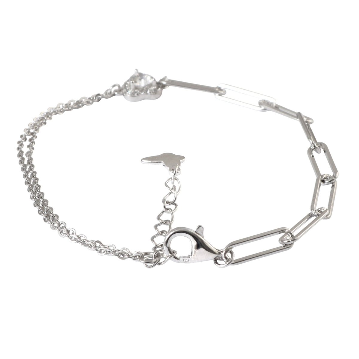 925 Silver Heart CZ Paperclip Chain Bracelet - Zirak Silver
