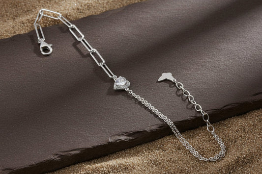 925 Silver Heart CZ Paperclip Chain Bracelet - Zirak Silver