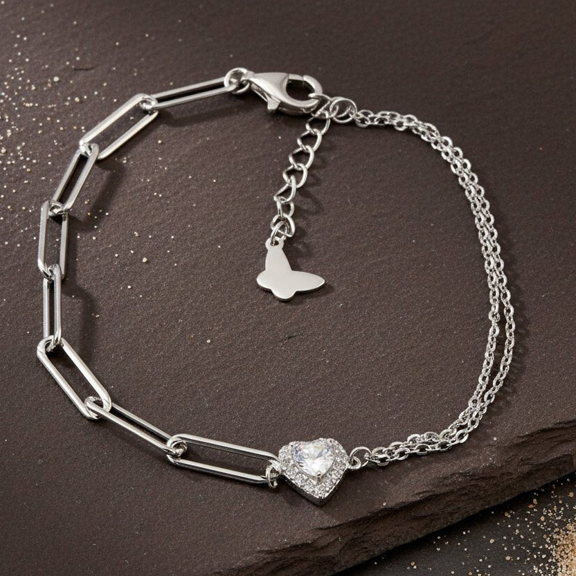 925 Silver Heart CZ Paperclip Chain Bracelet - Zirak Silver