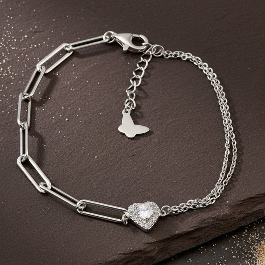 925 Silver Heart CZ Paperclip Chain Bracelet - Zirak Silver
