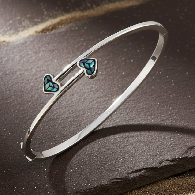 925 Silver Heart Inlay Open Bangle Bracelet - Zirak Silver