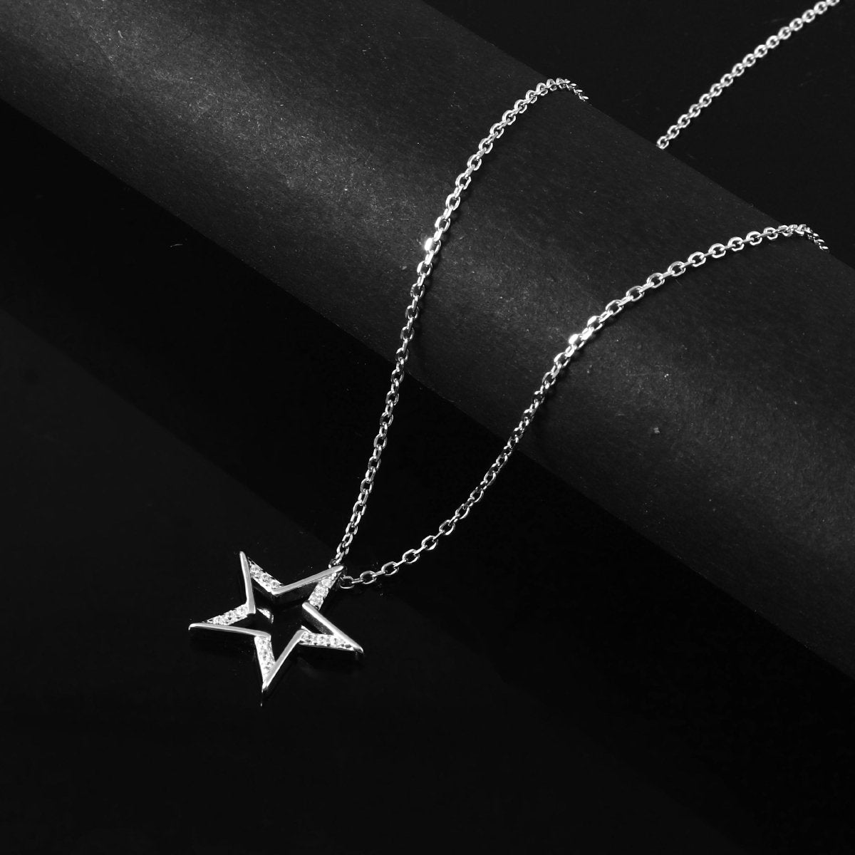 925 Silver Hollow Star Pendant Necklace with Zircon Accents - Zirak Silver