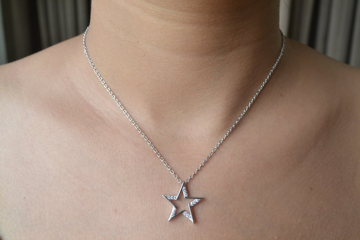 925 Silver Hollow Star Pendant Necklace with Zircon Accents - Zirak Silver