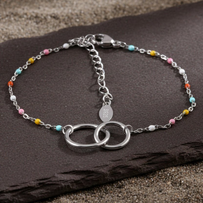 925 Silver Interlinked Circle Beaded Bracelet with Multicolor Enamel Accents - Zirak Silver
