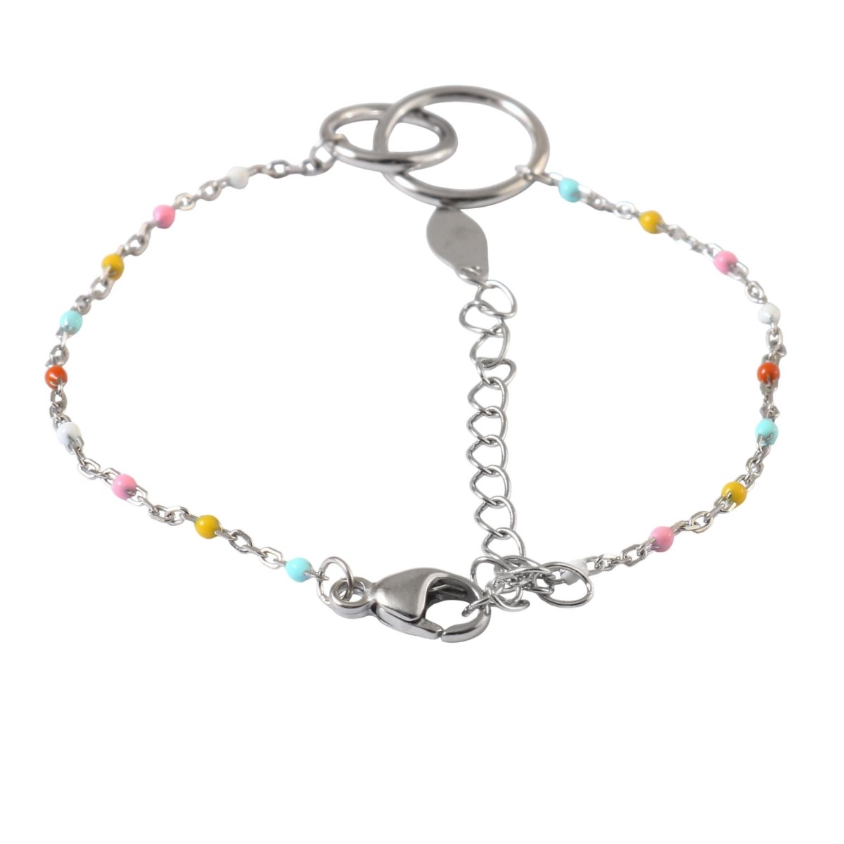 925 Silver Interlinked Circle Beaded Bracelet with Multicolor Enamel Accents - Zirak Silver