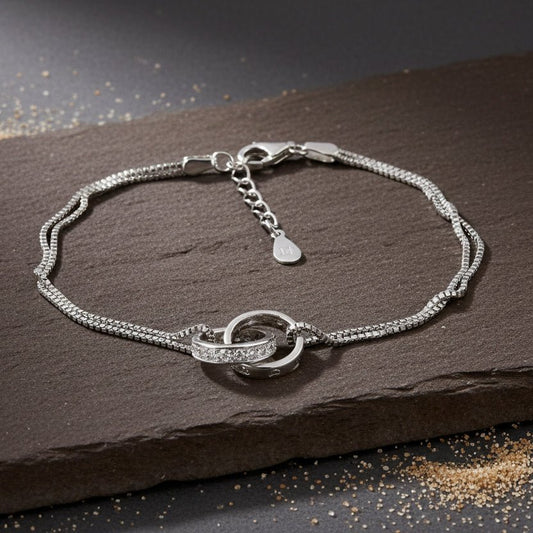 925 Silver Interlocking Rings Bracelet with CZ Accents - Zirak Silver