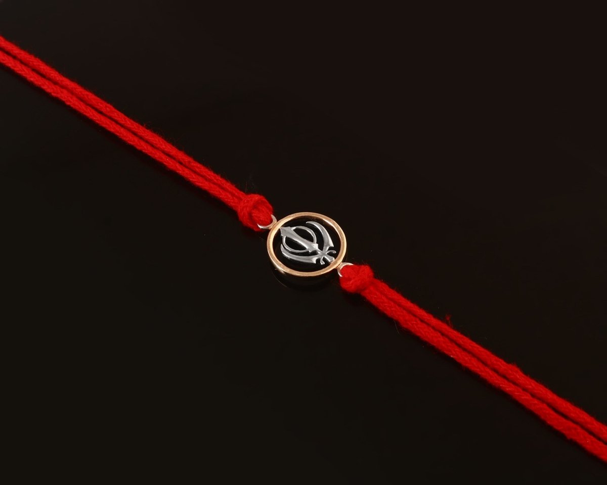 925 Silver Khanda Rakhi in Gold-Tone Circle on Red Cotton Thread – Sterling Sikh Raksha Bandhan Bracelet - Zirak Silver