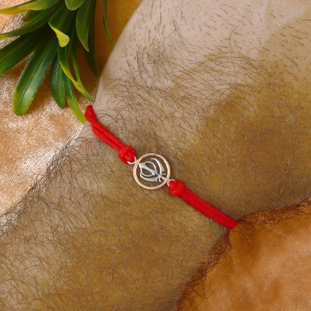 925 Silver Khanda Rakhi in Gold-Tone Circle on Red Cotton Thread – Sterling Sikh Raksha Bandhan Bracelet - Zirak Silver