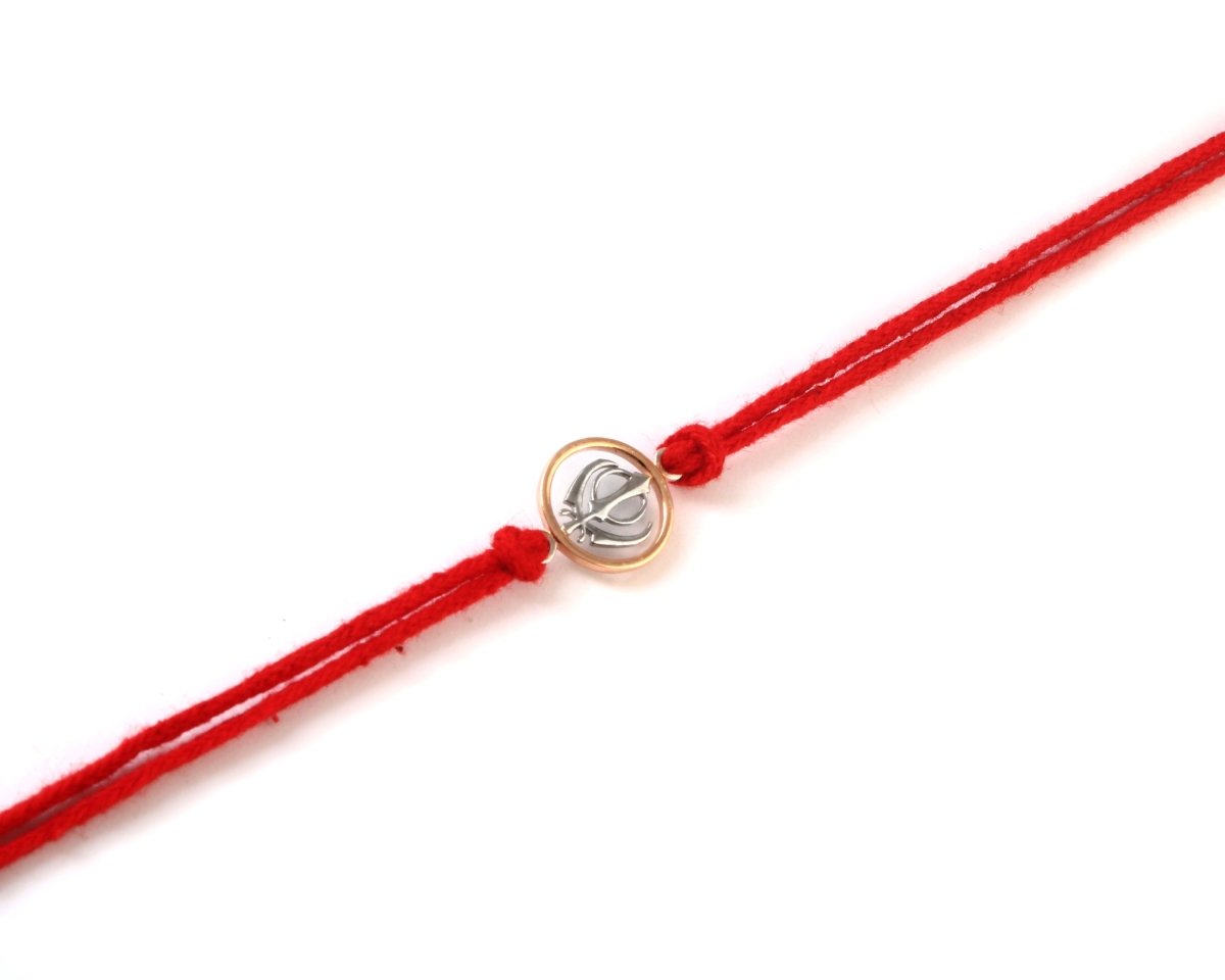 925 Silver Khanda Rakhi in Gold-Tone Circle on Red Cotton Thread – Sterling Sikh Raksha Bandhan Bracelet - Zirak Silver