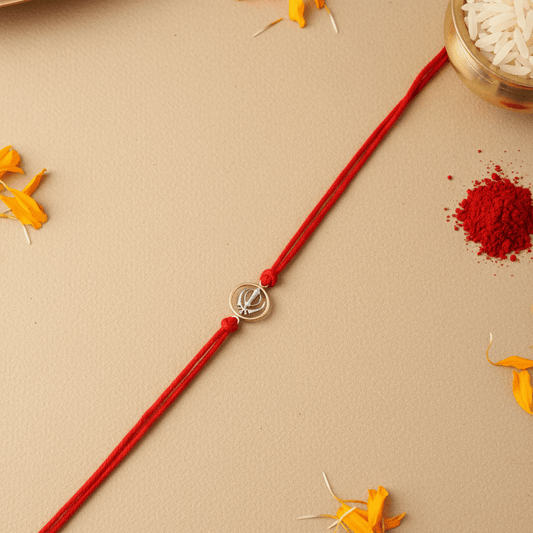 925 Silver Khanda Rakhi in Gold-Tone Circle on Red Cotton Thread – Sterling Sikh Raksha Bandhan Bracelet - Zirak Silver