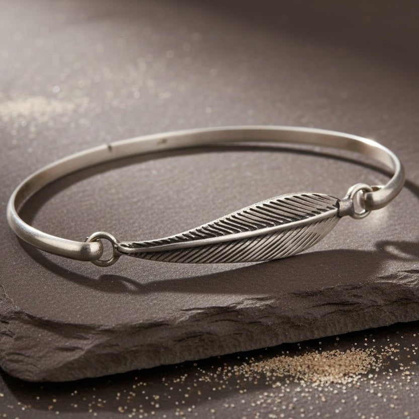 925 Silver Leaf Motif Open Cuff Ring Bangle