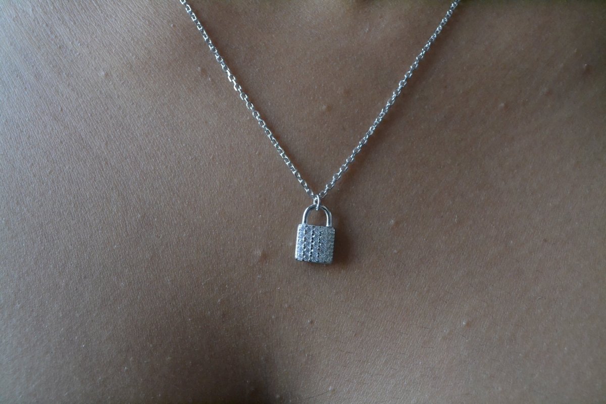 925 Silver Lock Pendant Necklace with Zircon Accents - Zirak Silver