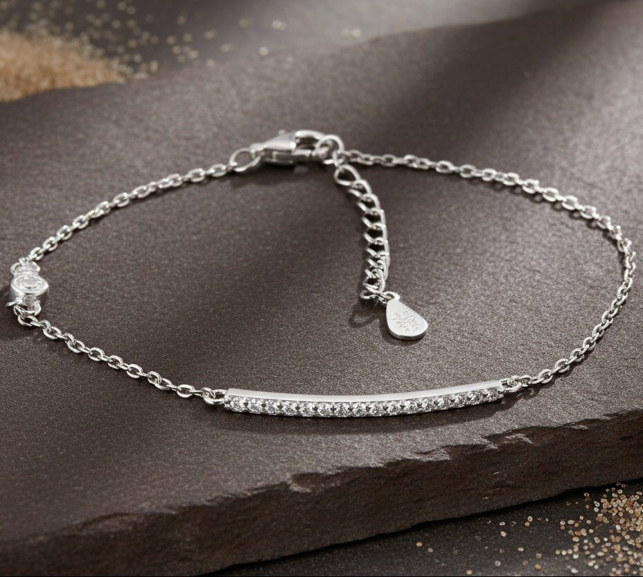 925 Silver Minimal Bar Bracelet with White CZ Accents - Zirak Silver