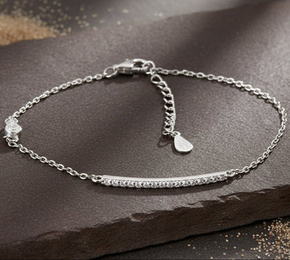 925 Silver Minimal Bar Bracelet with White CZ Accents - Zirak Silver