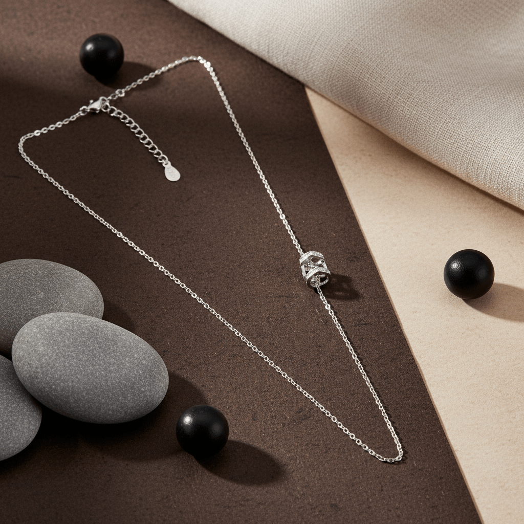 925 Silver Minimal CZ Barrel Charm Necklace - Zirak Silver