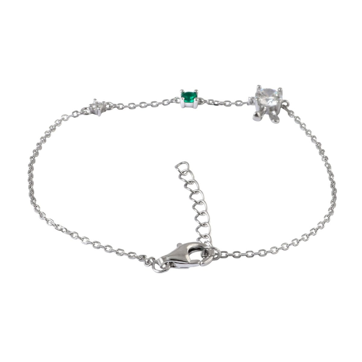 925 Silver Minimal Trio Stone Chain Bracelet with Emerald Green Accent - Zirak Silver