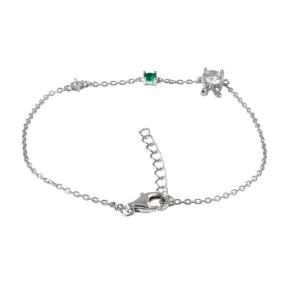 925 Silver Minimal Trio Stone Chain Bracelet with Emerald Green Accent - Zirak Silver