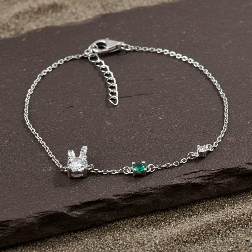 925 Silver Minimal Trio Stone Chain Bracelet with Emerald Green Accent - Zirak Silver