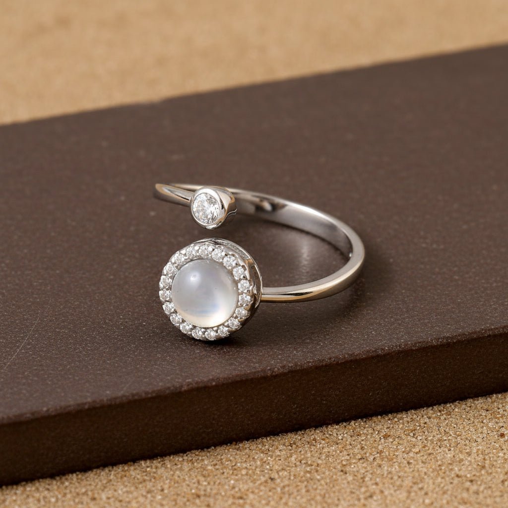 925 Silver Moonstone Open Ring with CZ Halo | Adjustable Sterling Silver Ring for Women - Zirak Silver