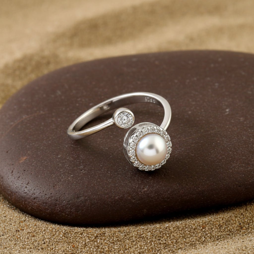 925 Silver Moonstone Open Ring with CZ Halo | Adjustable Sterling Silver Ring for Women - Zirak Silver