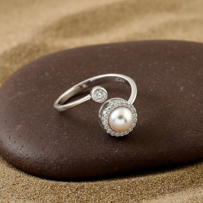 925 Silver Moonstone Open Ring with CZ Halo | Adjustable Sterling Silver Ring for Women - Zirak Silver