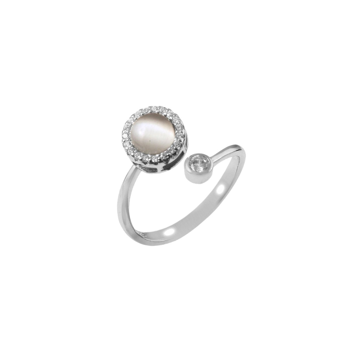 925 Silver Moonstone Open Ring with CZ Halo | Adjustable Sterling Silver Ring for Women - Zirak Silver