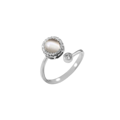925 Silver Moonstone Open Ring with CZ Halo | Adjustable Sterling Silver Ring for Women - Zirak Silver