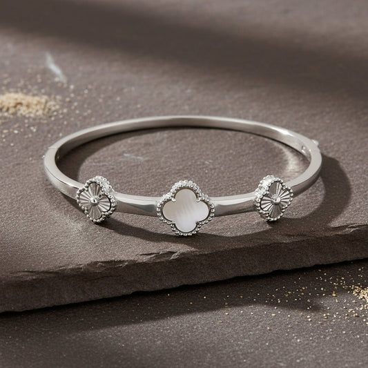 925 Silver Mother - of - Pearl Clover Bangle Bracelet - Zirak Silver