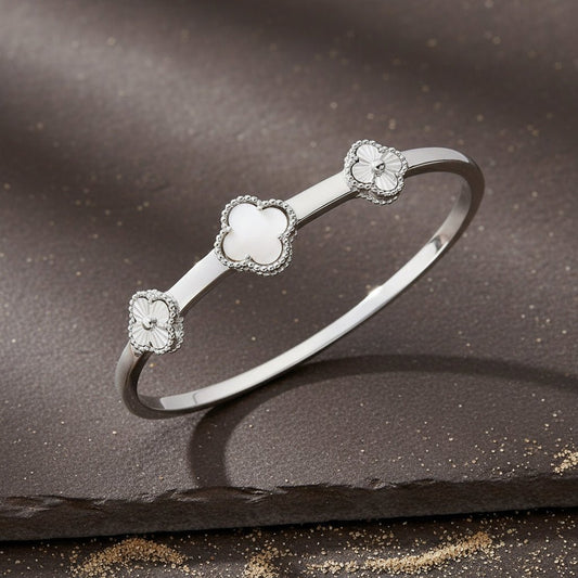 925 Silver Mother - of - Pearl Clover Bangle Bracelet - Zirak Silver