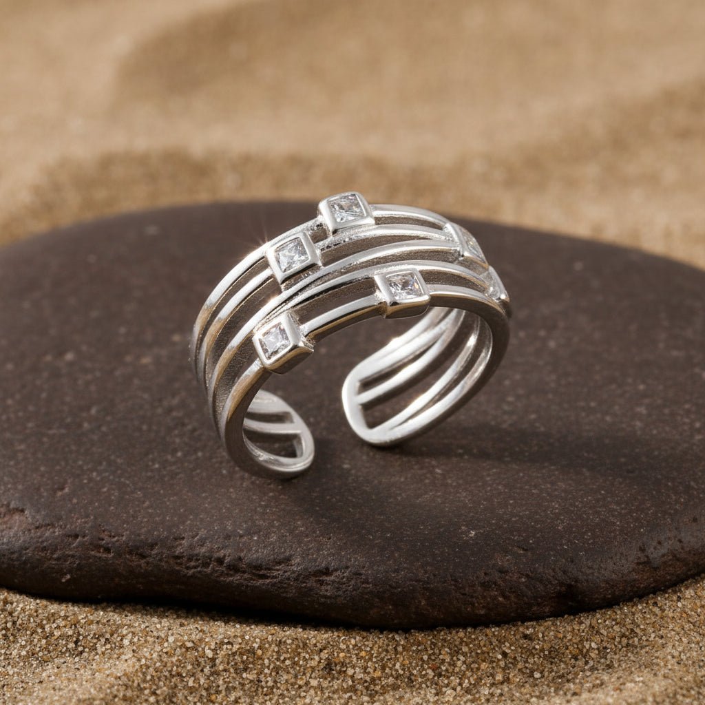 925 Silver Multi - Band Square CZ Ring | Adjustable Sterling Silver Statement Band Ring - Zirak Silver