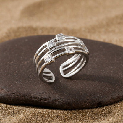 925 Silver Multi - Band Square CZ Ring | Adjustable Sterling Silver Statement Band Ring - Zirak Silver
