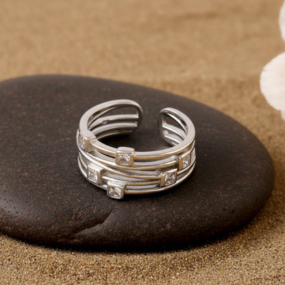 925 Silver Multi - Band Square CZ Ring | Adjustable Sterling Silver Statement Band Ring - Zirak Silver