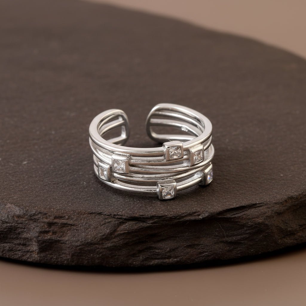 925 Silver Multi - Band Square CZ Ring | Adjustable Sterling Silver Statement Band Ring - Zirak Silver