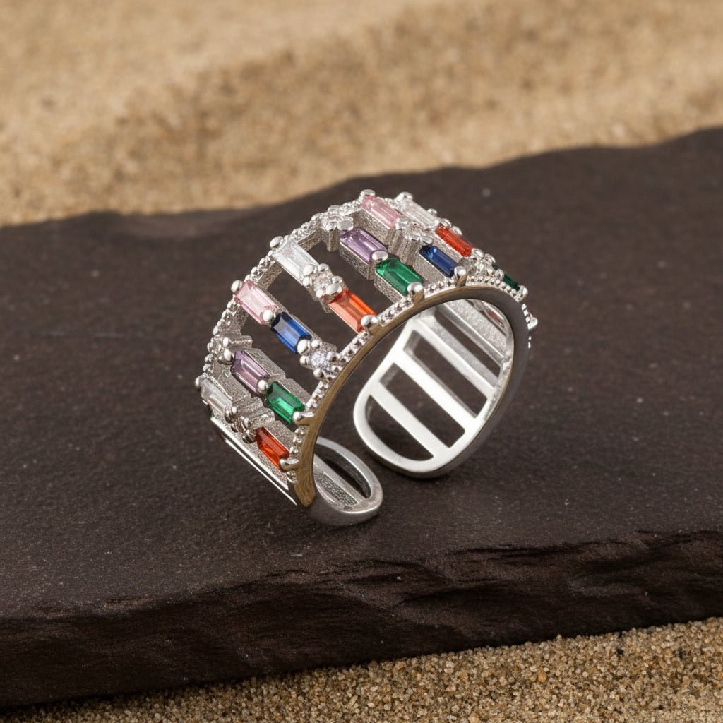 925 Silver Multi - Color Baguette CZ Statement Ring | Adjustable Rainbow Crystal Band for Women - Zirak Silver