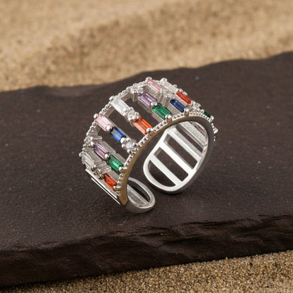 925 Silver Multi - Color Baguette CZ Statement Ring | Adjustable Rainbow Crystal Band for Women - Zirak Silver