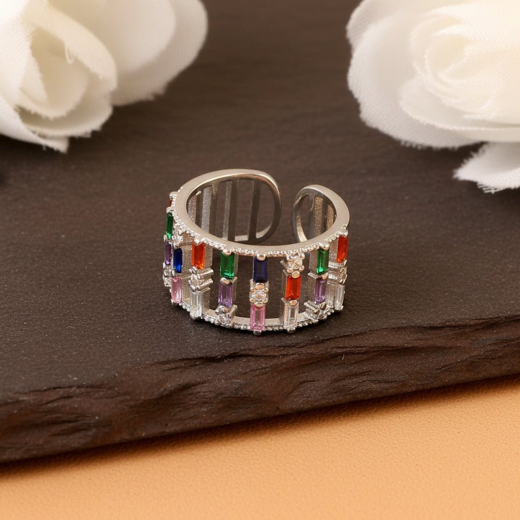 925 Silver Multi - Color Baguette CZ Statement Ring | Adjustable Rainbow Crystal Band for Women - Zirak Silver