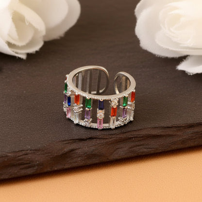 925 Silver Multi - Color Baguette CZ Statement Ring | Adjustable Rainbow Crystal Band for Women - Zirak Silver