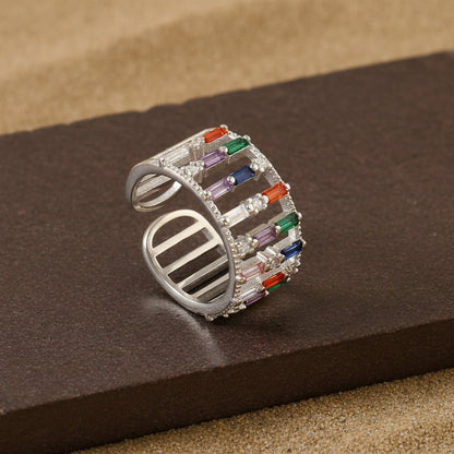 925 Silver Multi - Color Baguette CZ Statement Ring | Adjustable Rainbow Crystal Band for Women - Zirak Silver