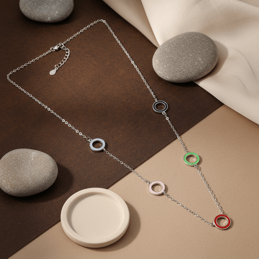 925 Silver Multi - Color Enamel Circle Necklace - Zirak Silver