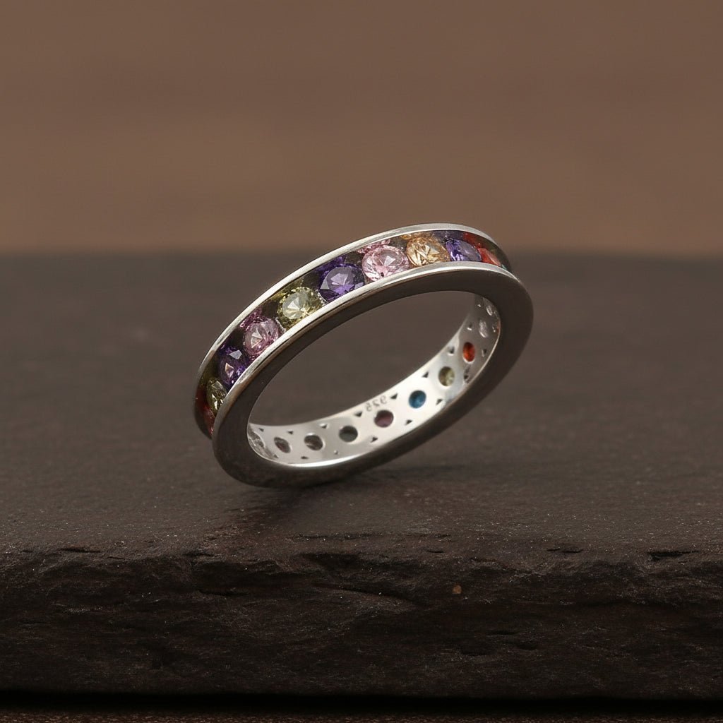 925 Silver Multi - Stone Eternity Band | Rainbow CZ Ring | Colorful Stackable Silver Jewelry for Women - Zirak Silver