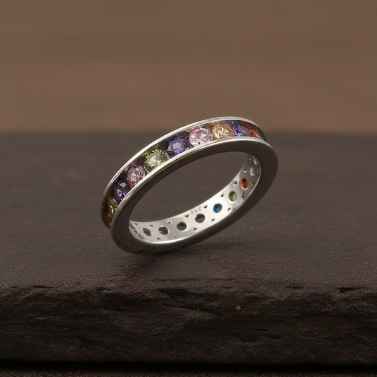 925 Silver Multi - Stone Eternity Band | Rainbow CZ Ring | Colorful Stackable Silver Jewelry for Women - Zirak Silver